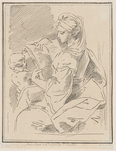 Sybil (?) holding a book with a child at left