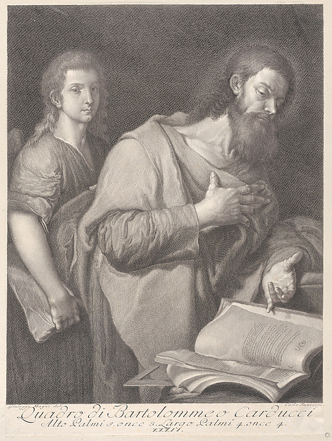 Saint Matthew, standing before a book at right with a hand on his chest, another man behind him at left by Carlo Faucci