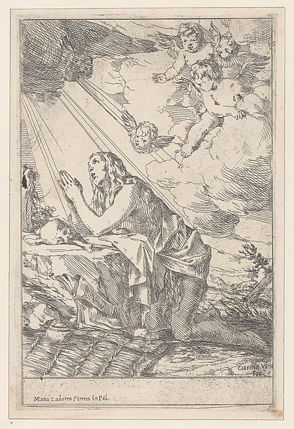 The Penitent Saint Mary Magdalene, kneeling before a skull and bones