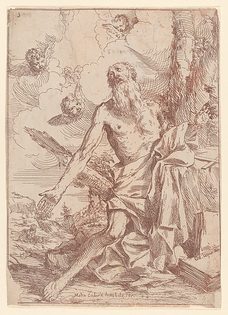 Saint Jerome kneeling beside a tree with his arms outstretched by Giulio Carpioni