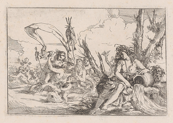 Water, represented by a naiad seated at the base of a tree and resting her arm on a supine urn from which water flows, behind her a triton and other inhabitants of the sea rise from the water surface, from "The Elements"
