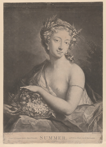 Summer: a woman holding a basket of flowers and fruit