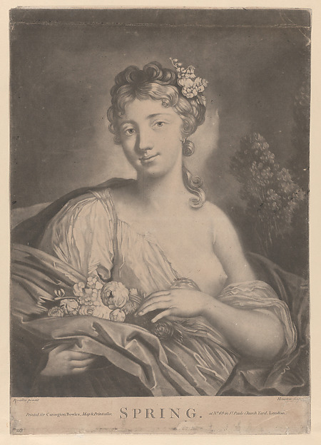 Spring: a young woman holding flowers in her cloak