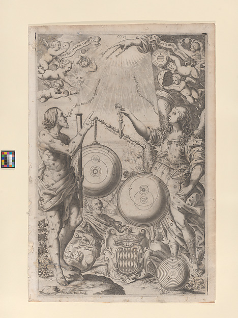Frontispiece: mythological figures weigh astronomical theories, from "The New Almagest" (Almagestum Novum)