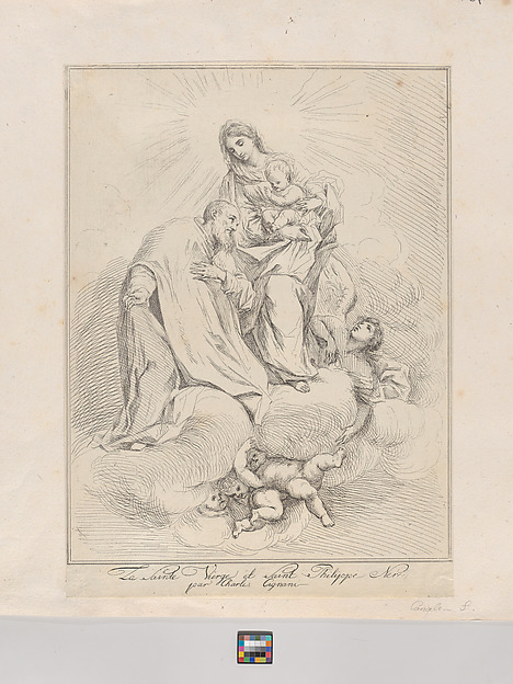 Virgin and Child seated on clouds with Saint Philip Neri at left by Giuseppe Canale