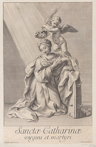 Saint Catherine of Alexandria, kneeling with her elbow resting on the spiked wheel, and an angel crowning her with a flower wreath by Sir Nicolas Dorigny