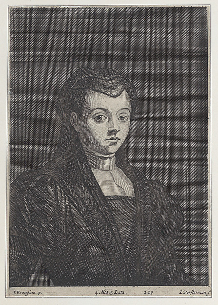 Portrait of a woman in black, with her hair covered by a headdress and a dark veil