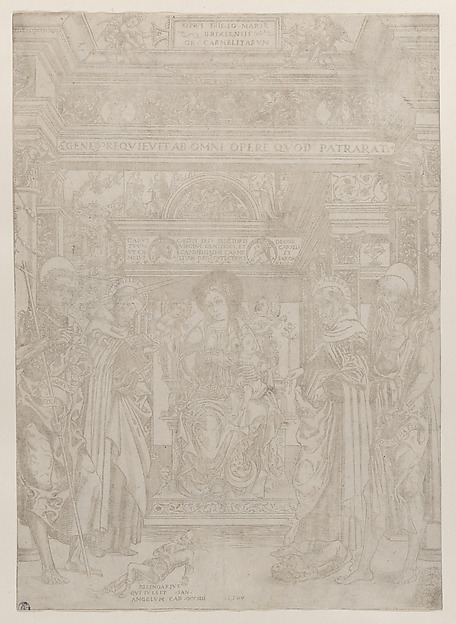 The Virgin and Child enthroned within an elaborate architectural structure, flanked by four saints, at left St John the Baptist and St Angelus, at right St  Albert and St Jerome by Giovanni Maria da Brescia
