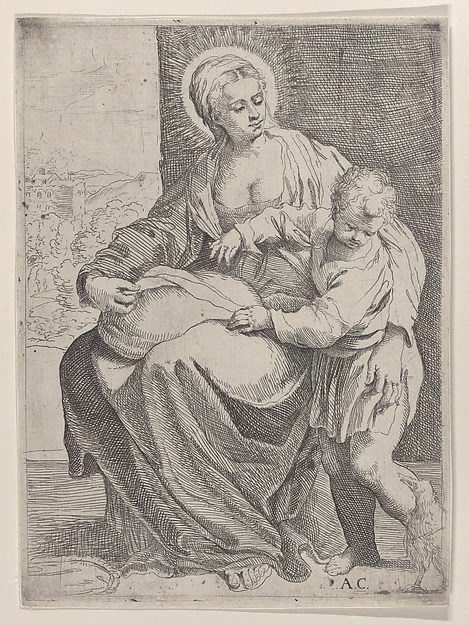 The Virgin seated holding a pillow on her lap with the young Christ standing at right by Annibale Carracci