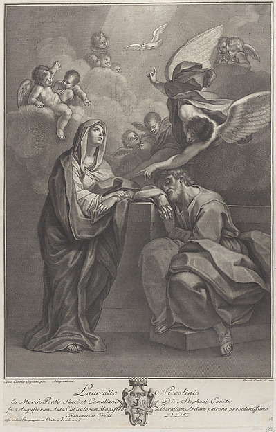 Plate 6: Saint Joseph's dream, with the Virgin Mary at left and an angel above who points to the Holy Spirit by Benedetto Eredi