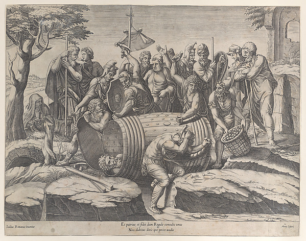 Marcus Atilius Regulus in a barrel while two men are hammering in the nails, various figures throughout