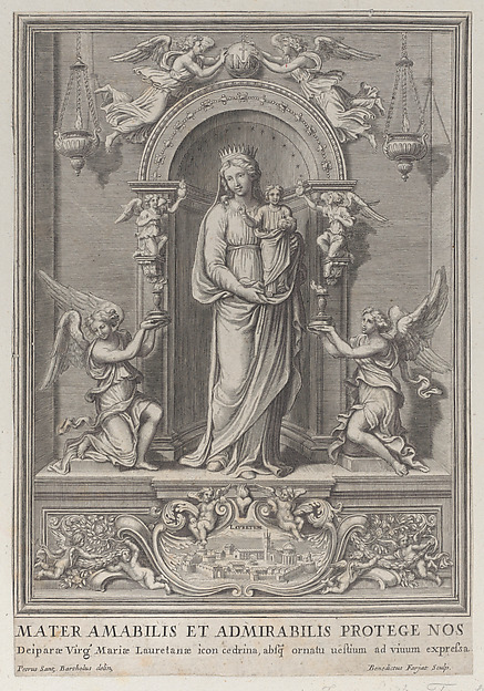 Madonna of Loreto, within a niche with an angel on either side by Benoit Farjat