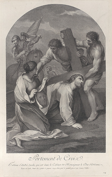 Christ fallen to the ground under the weight of the cross, with two men assisting and Saint Veronica kneeling with the veil at left by Simon de la Vallée, The Metropolitan Museum of Art