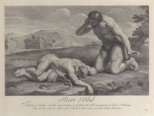 Adam kneels in grief beside the body of Abel, while Cain flees in the background