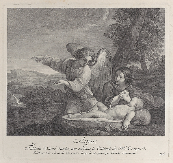 The angel appearing to Hagar in the wilderness as she folds her hands next to the sleeping Ishmael by Charles Simonneau, The Metropolitan Museum of Art