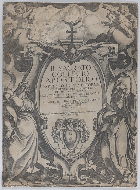 Frontispiece with two figures holding scrolls and cherubs flanking the cartouche at center, from 'The Consecrated  Apostolic College' (Il sacrato collegio apostolico)