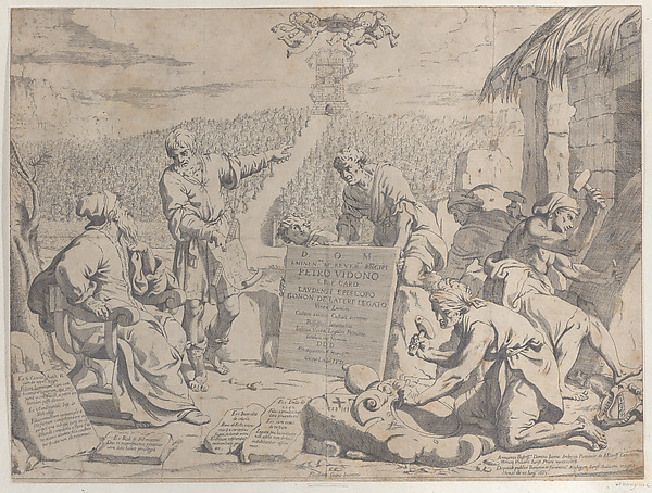Stonemasons carving the arms of the Bolognese Cardinal Petro Vidono, under his direction