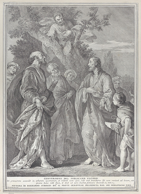 Conversion of Zacchaeus, with Christ at right addressing the tax collector, who is seated in a tree at top center by Pietro Monaco