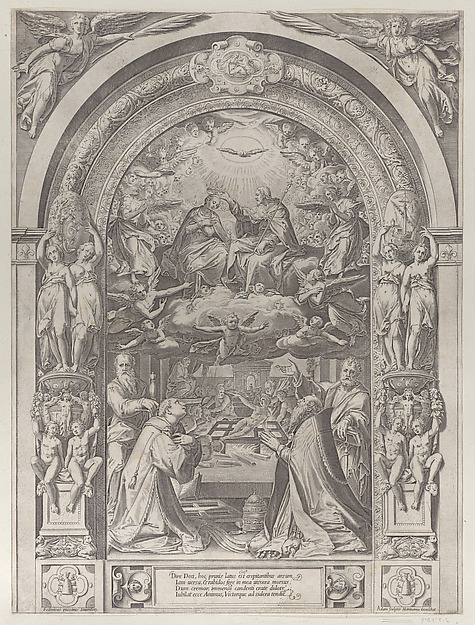 Saints Lawrence, Sixtus, Peter, and Paul adoring the Coronation of the Virgin by Christ above by Anonymous