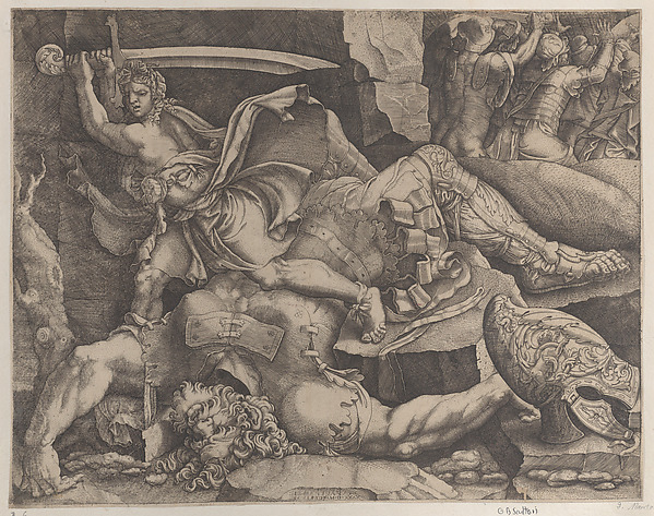 David about to decapitate Goliath