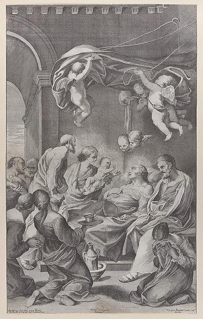 The death of Saint Anne with various family members surrounding her and angels overhead by Cesare Fantetti