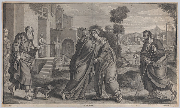 Visitation; Saint Elizabeth embracing the Virgin at center as Saint Joseph walks toward them on the right and Zacharias greets them on the left; from 'Theatrum Pictorium', after Palma Il Vecchio by Peeter van Lisebetten
