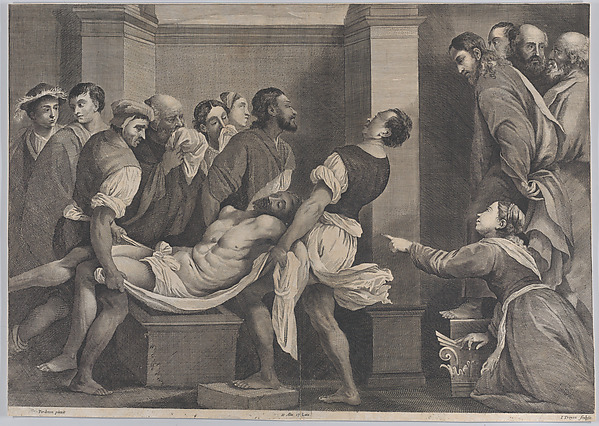 The raising of Lazarus, who is carried by three men at left, while his sister and Christ look on at right; from 'Theatrum Pictorium', after Pordenone by Jan van Troyen
