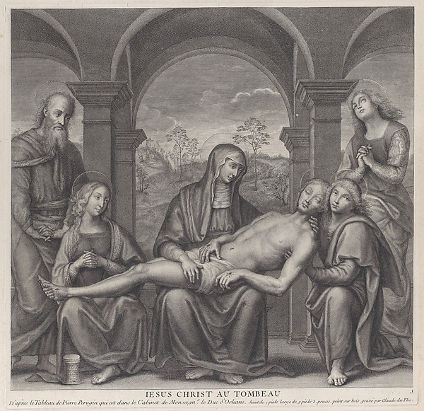 Claude Duflos, Christ in the tomb, resting across the Virgin's lap; after Perugino