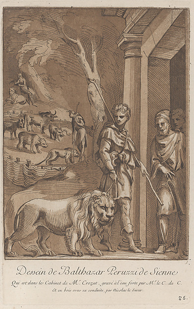 Anne Claude Philippe de Tubières, comte de Caylus, A shepherd holding a lion on a leash in the foreground, in the middle ground the shepherd stands in a meadow surrounded by wild beasts, in the background the shepherd is seated on a rock with the lion at his side; from 'Recueil d'estampes d'après les plus beaux tableaux et d'après les plus beaux desseins qui sont en France, Cabinet Crozat' after a drawing by Baldassare Peruzzi