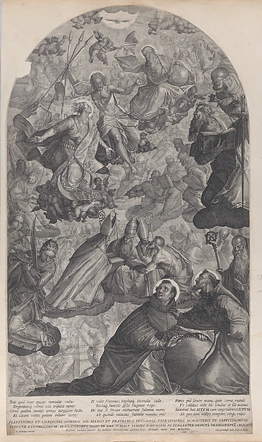 The vision of Saint Dominic, with God the Father and Christ at top center, the Virgin standing below on the crescent moon, and Saint Francis of Assisi and Saint Dominic in the foreground