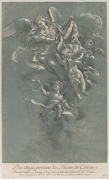 Three angels carrying Gideon's fleece;  from 'Recueil d'estampes d'après les plus beaux tableaux et d'après les plus beaux desseins qui sont en France, Cabinet Crozat' after a drawing by Orazi