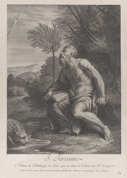 Saint Jerome seated by a tree looking up at a crucifix, a lion drinking water from a stream to his right