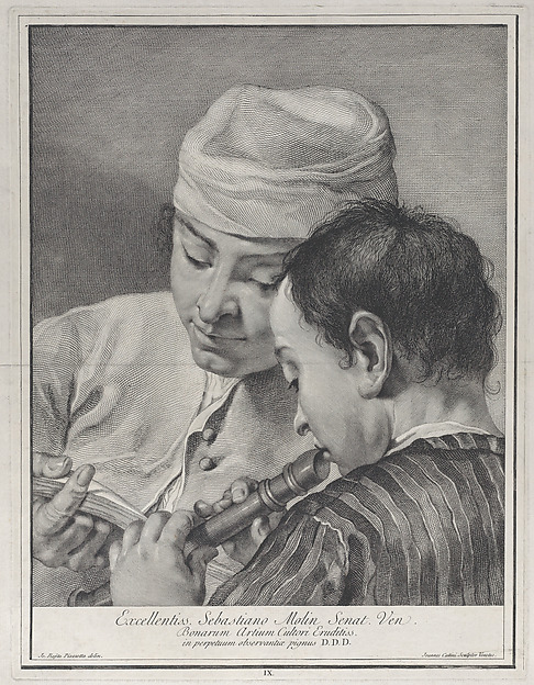Plate 9: A youth playing the recorder while a man to the left holds up a music book, from "Icones ad vivum expressae"
