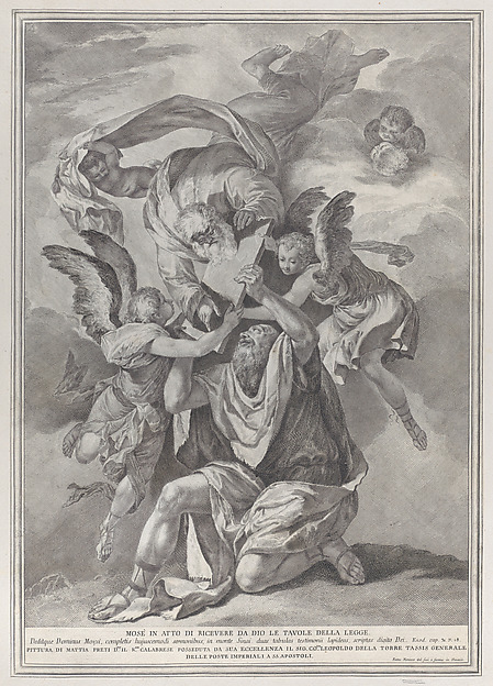 Moses receiving the Tablets of the Law from God who descends from the heavens; from the series of 112 prints of the sacred history, after the painting by Mattia Preti by Pietro Monaco
