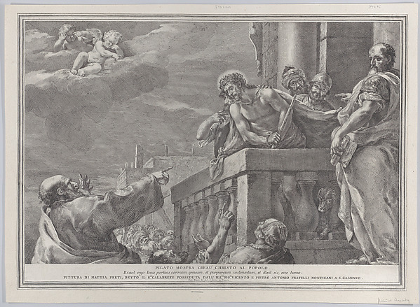 Christ on a balcony surrounded by guards, Pilate stands to the right gesturing toward him; from the series of 112 prints of the sacred history, after the painting by Mattia Preti by Pietro Monaco