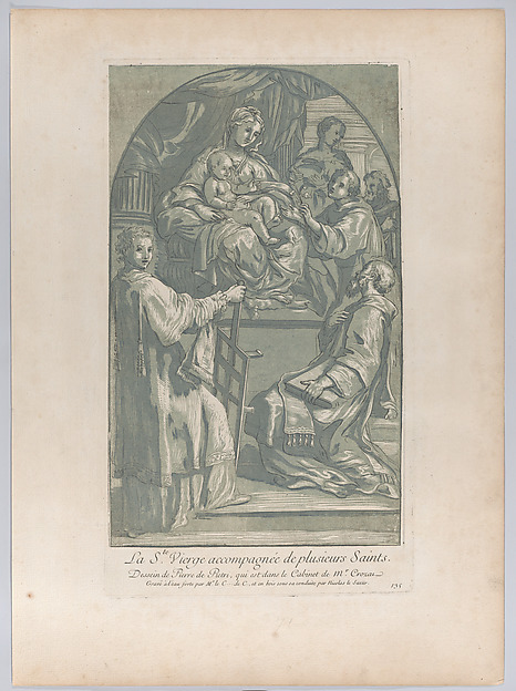 Anne Claude Philippe de Tubières, comte de Caylus, The Virgin and Child seated on a pedestal at center, to the right a monk offers a flower, and in the foreground a saint kneels before them while Saint Lawrence rests his hands on a gridiron; from 'Recueil d'estampes d'après les plus beaux tableaux et d'après les plus beaux desseins qui sont en France, Cabinet Crozat' after a drawing by Pietro Antonio de' Pietri