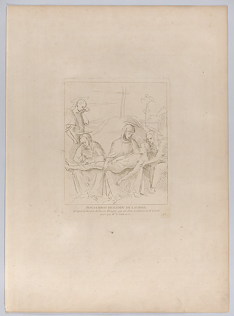 Anne Claude Philippe de Tubières, comte de Caylus, Pietà, with the body of Christ supported by the Virgin and two holy women, Saint John stands to the left; from "Recueil d'estampes d'après les plus beaux tableaux et d'après les plus beaux desseins qui sont en France, Cabinet Crozat" after a drawing by Perugino
