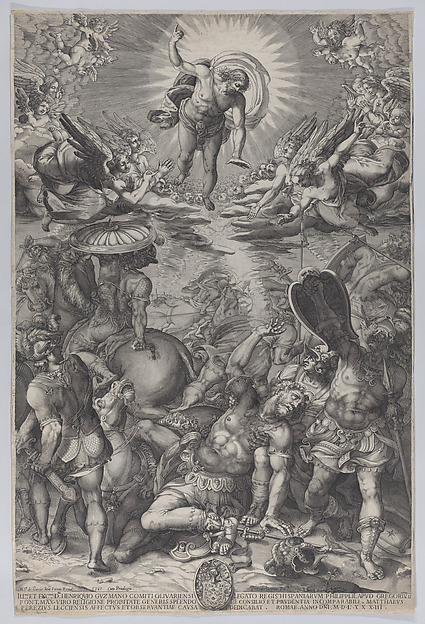 The conversion of Saul, who lies on the ground surrounded by horses and soldiers as Christ appears above him by Pieter Perret