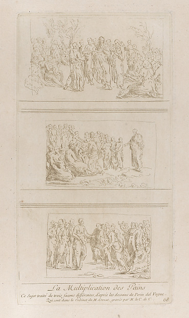 Three separate studies for the miracles of the loaves, showing Christ standing in different positions surrounded by a large crowd; from 'Recueil d'estampes d'après les plus beaux tableaux et d'après les plus beaux desseins qui sont en France, Cabinet Crozat' after drawings by Perino del Vaga