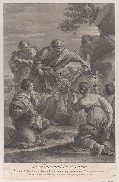 Moses striking the rock with a stick to bring forth water, while the Israelites look on in amazement by Jean-Baptiste Haussard