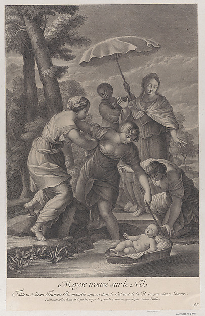 Three women pulling in the basket with the infant Moses from the water by Simon de la Vallée