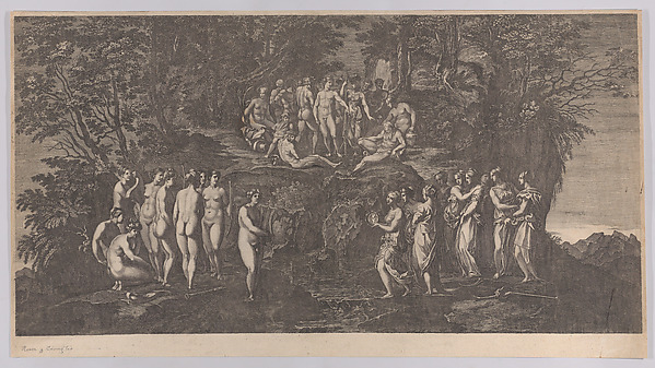 The musical contest between the Muses on one side and the Pierides on the other, judged by the gods of Olympus