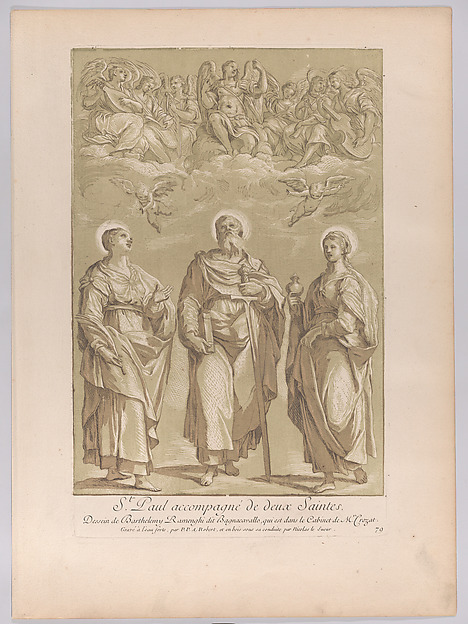 Saint Paul accompanied by two female saints with angels above