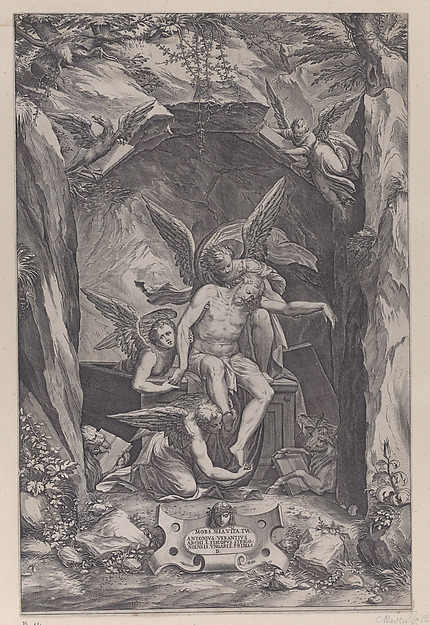 Christ rising from the tomb, assisted by two angels by Martino Rota