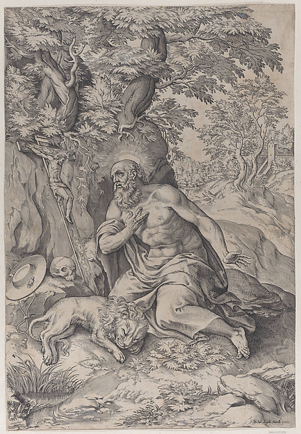 Saint Jerome in the wilderness, with a lion at left