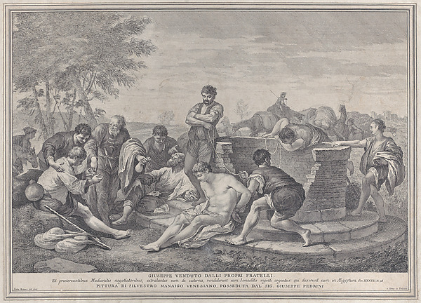 Joseph being sold into slavery by his brothers, who sit around a well dividing up the coins