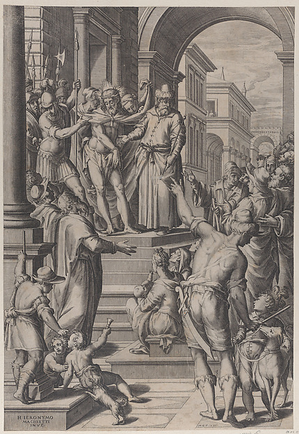 Christ presented to the people by Pilate, standing atop stairs at left with a crowd at right by Matthaeus Greuter