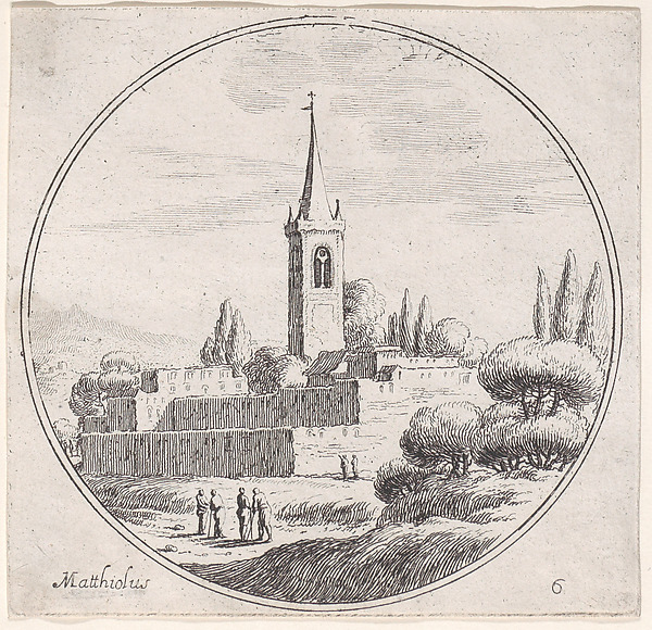 Plate 6: church steeple at center, with groups of people standing in a landscape below
