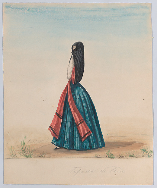 A  woman wearing the saya and manto standing in profile, from a group of drawings depicting Peruvian dress
