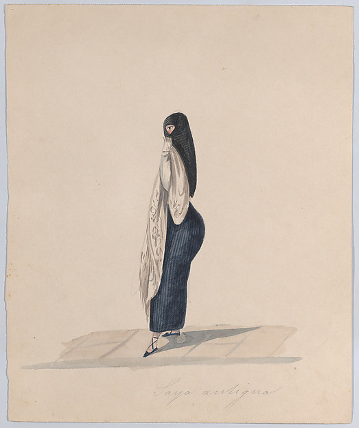 A  woman wearing the saya standing in profile, from a group of drawings depicting Peruvian dress